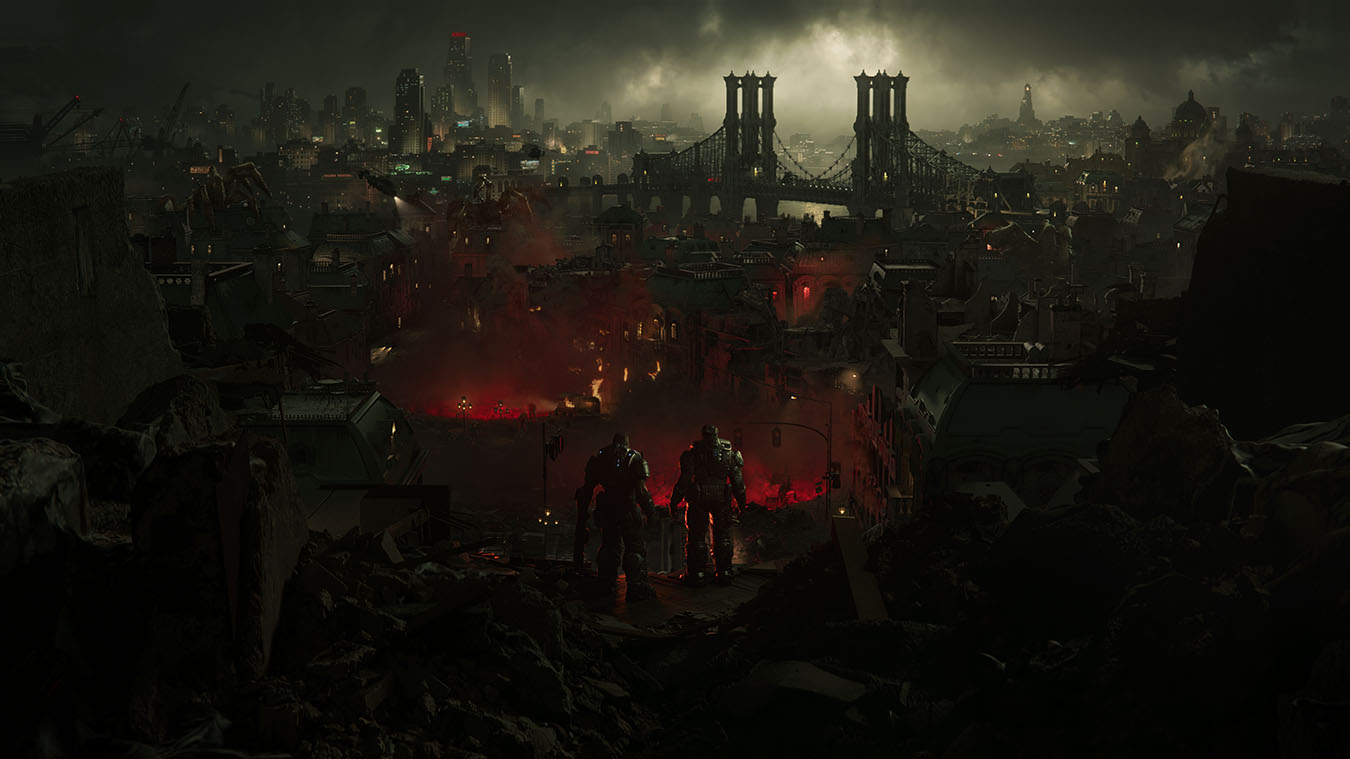 Marcus and Dom overlook the damaged city skyline of Kalona